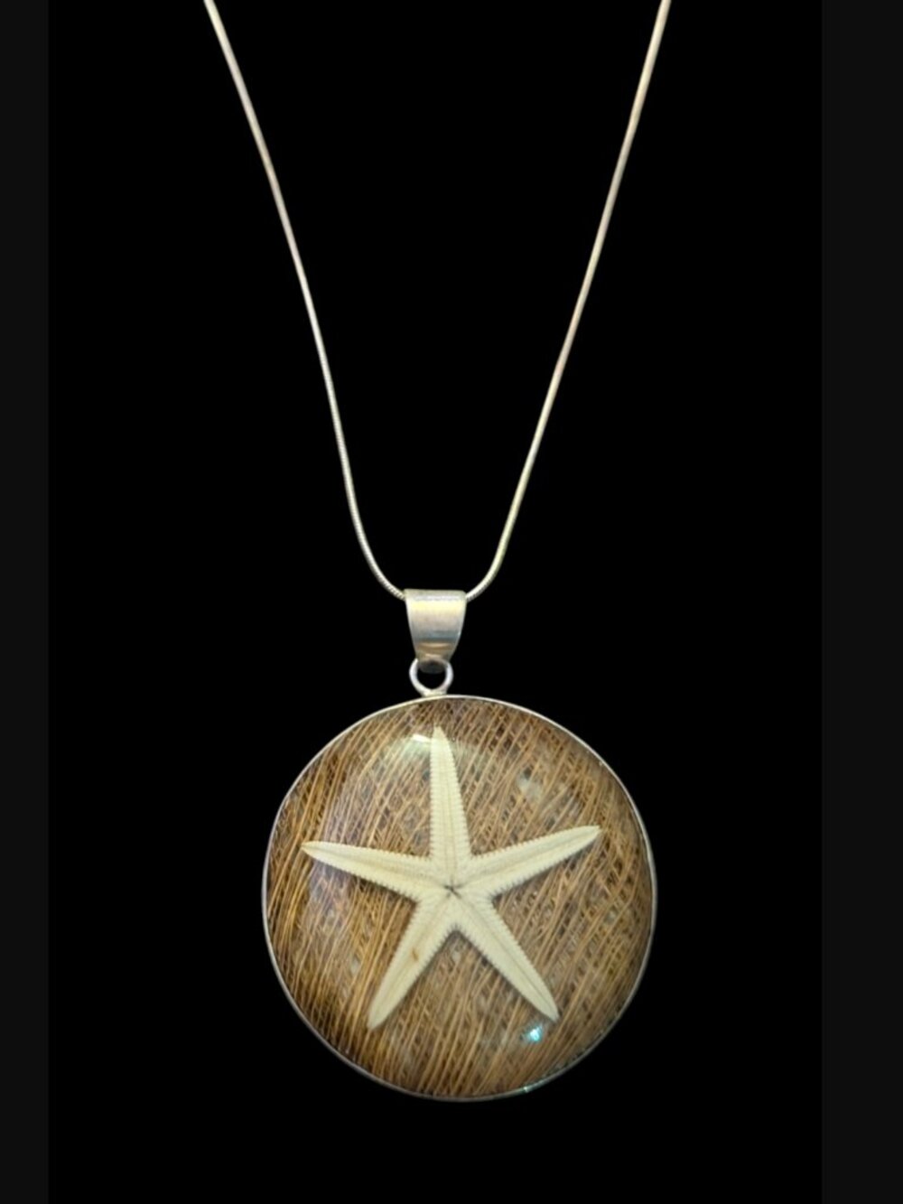 925 Sterling Beach Theme Dried Sea Grass Starfish Resin 2.25" Pendant 30" Chain
